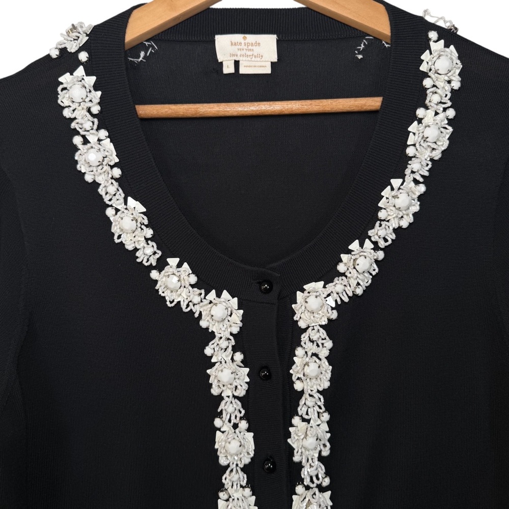 Kate Spade Embellished Floral Cardigan Black White Beaded Statement L - Picture 4 of 10
